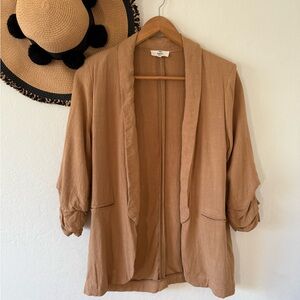 Entro Light Brown Linen Blend Open Front Oversized Jacket Blazer Small